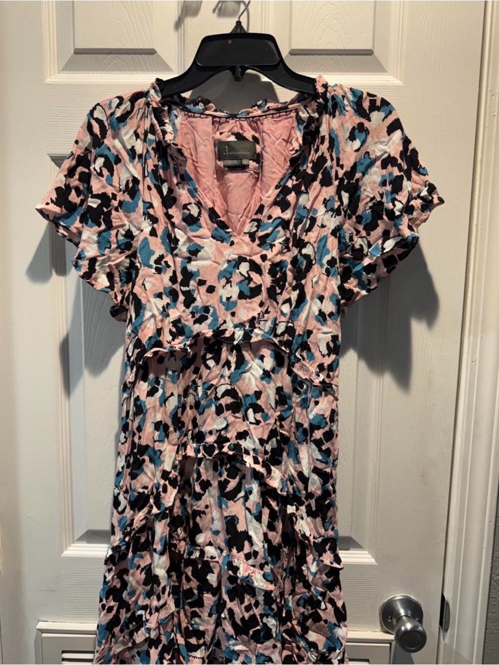 Anthropologie Pink Floral-Print Tiered V-Neck Midi Dress